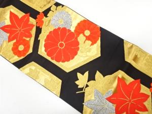 アンティーク　亀甲に菊・楓模様織り出し袋帯（着用可）